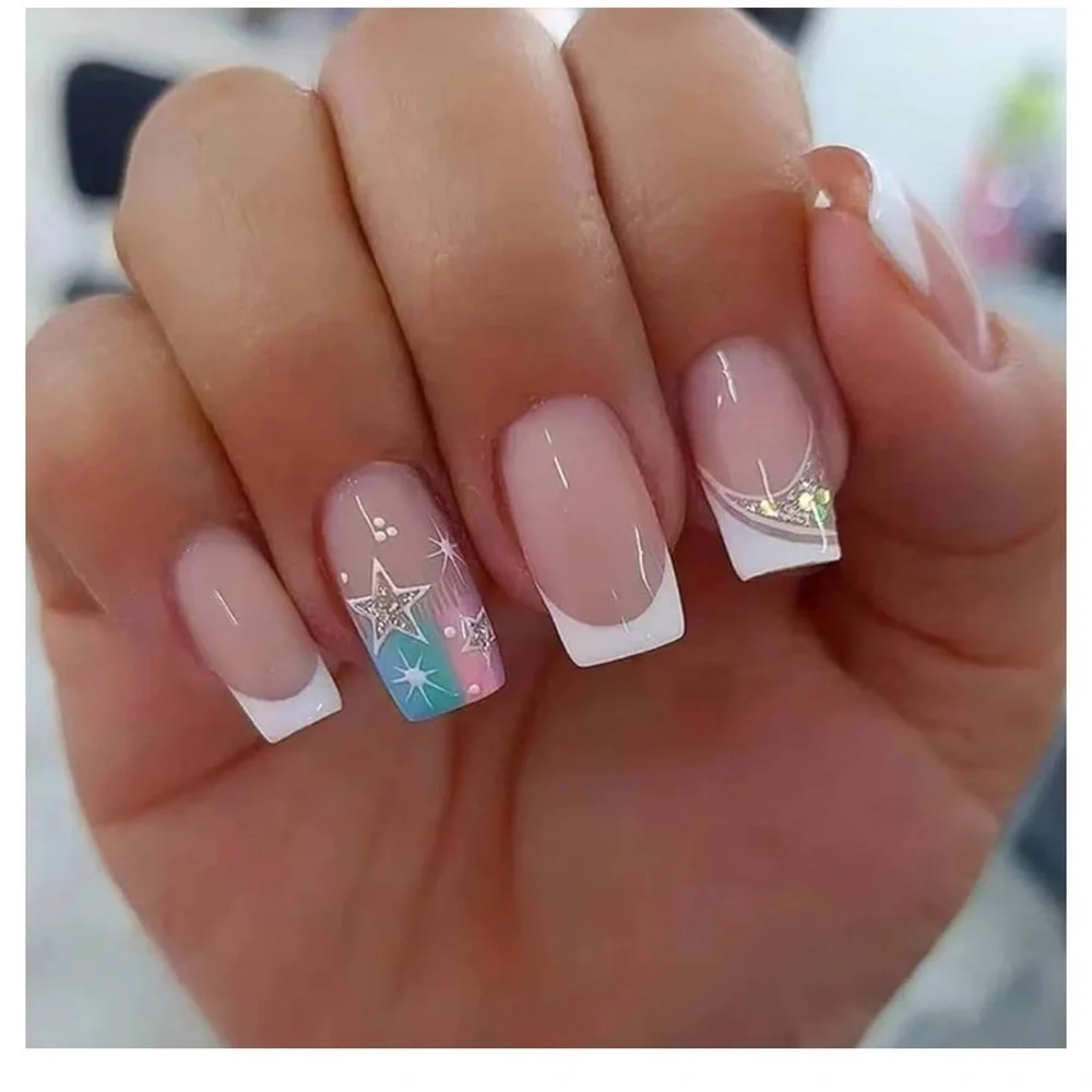 6 Packs (144 Pcs) Press on Nails Medium Square Acrylic Shiny Glitter False Nails
